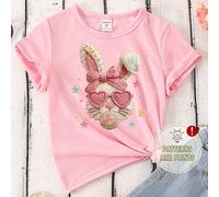 Tee-shirt court de base confortable pour bébé fille, avec imprimé graphique mignon de lapin et nœud, style créatif et minimaliste, idéal pour les vacances de Pâques et la saison printemps-été 6-9M,9-1