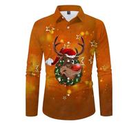 Tee Shirt De Noel Homme Polo Manches Longues Homme, Christmas Button Down Casual Chemise Noël 3D Funky Décontracté avec Imprimé Original Boutonnés Moche Fantaisie Thanksgiving Automne Hiver Slim Fit