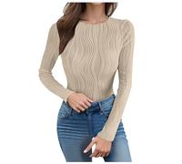 Tee Shirt De Sport Femme Going Out Tops for Women Long Sleeve Fall Shirts Crew Neck Solid Crop Tight Tops Ribbed Blouses Casual Clothing(Beige,S)