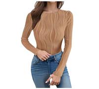 Tee Shirt De Sport Femme Going Out Tops for Women Long Sleeve Fall Shirts Crew Neck Solid Crop Tight Tops Ribbed Blouses Casual Clothing(Khaki,XL)