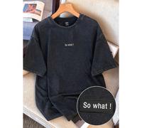 Tee-shirt décontracté noir avec délavage usé pour hommes grande taille, avec patch en lettres "So What", convient pour l'été, cadeau pour un ami 1XL,2XL,3XL,4XL,5XL,6XLLettresTissu tricoté