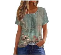 Tee Shirt Devant Plissée Manche Courte Col carré Femme Haut D'été Imprimé Floral Tendance Décontracté Ample Tunique Chemisier Confortable Tops Casual Loose Quotidiennes Coupe Classique