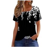 Tee Shirt Devant Plissée Manche Courte Col carré Femme Haut D'été Imprimé Floral Tendance Décontracté Ample Tunique Chemisier Confortable Tops Casual Loose Quotidiennes Coupe Classique