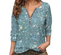 Tee Shirt Disco Femme Paillette T Shirt Glitter Sequins Haut Sexy Col V Chemisier Mode Brillantes Paillettes Tops Chic Élégant Club Fête T-Shirt Manche Longue Lâche Blouse