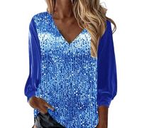 Tee Shirt Disco Femme Paillette T Shirt Glitter Sequins Haut Sexy Col V Chemisier Mode Brillantes Paillettes Tops Chic Élégant Club Fête T-Shirt Manche Longue Lâche Blouse