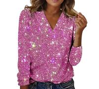 Tee Shirt Disco Femme Paillette T Shirt Glitter Sequins Haut Sexy Col V Chemisier Mode Brillantes Paillettes Tops Chic Élégant Club Fête T-Shirt Manche Longue Lâche Blouse