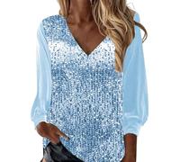 Tee Shirt Disco Femme Paillette T Shirt Glitter Sequins Haut Sexy Col V Chemisier Mode Brillantes Paillettes Tops Chic Élégant Club Fête T-Shirt Manche Longue Lâche Blouse