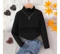 Tee-shirt en tricot unicolore à col montant et froncé pour jeune fille, noir, idéal pour un port casual, quotidien et scolaire en automne et en hiver 6Y,7Y,4Y,5YUnicoloreTissu tricoté