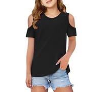 Tee Shirt Epaule Denudee Enfant Fille Manche Courte 3-12 Ans T Shirt Ado Fille Ete Fluide Chic Et élégant Chemisier Blouse Col Rond Confortable Casual Sport Tunique (11-12 Ans, Noir)