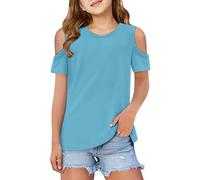 Tee Shirt Epaule Denudee Enfant Fille Manche Courte 3-12 Ans T Shirt Ado Fille Ete Fluide Chic Et élégant Chemisier Blouse Col Rond Confortable Casual Sport Tunique (11-12 Ans, Azur)