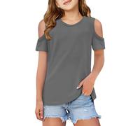 Tee Shirt Epaule Denudee Enfant Fille Manche Courte 3-12 Ans T Shirt Ado Fille Ete Fluide Chic Et élégant Chemisier Blouse Col Rond Confortable Casual Sport Tunique (11-12 Ans, Gris)