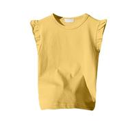 Tee Shirt Ete Enfant Fille sans Manche à Volants Col Rond Haut Blouse Ado Fille 2-10 Ans été Fluide Ample Léger Mignon Confortable Casual Jogging Vacances Chemise (Yellow, 3-4 Years)