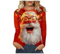 Tee-Shirt Féminin Festif à Manches Longues avec Imprimé Joyeux Père Noël Coupe Décontractée Confortable pour Les Fêtes et l’Hiver Quotidien Version Quotidienne Élégante (Watermelon Red, XL)