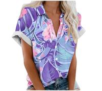 Tee Shirt Femme avec Boutonné Hawaïenne Chemise Col à Revers D'été à Manches Courtes Blouse Imprimé Fleuri Cardigan à Boutons Décontractées Vacances Tops de Plage Chemisier Lâche Respirant