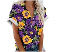 Tee Shirt Femme avec Boutonné Hawaïenne Chemise Col à Revers D'été à Manches Courtes Blouse Imprimé Fleuri Cardigan à Boutons Décontractées Vacances Tops de Plage Chemisier Lâche Respirant