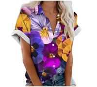 Tee Shirt Femme avec Boutonné Hawaïenne Chemise Col à Revers D'été à Manches Courtes Blouse Imprimé Fleuri Cardigan à Boutons Décontractées Vacances Tops de Plage Chemisier Lâche Respirant