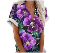 Tee Shirt Femme avec Boutonné Hawaïenne Chemise Col à Revers D'été à Manches Courtes Blouse Imprimé Fleuri Cardigan à Boutons Décontractées Vacances Tops de Plage Chemisier Lâche Respirant