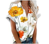 Tee Shirt Femme avec Boutonné Hawaïenne Chemise Col à Revers D'été à Manches Courtes Blouse Imprimé Fleuri Cardigan à Boutons Décontractées Vacances Tops de Plage Chemisier Lâche Respirant