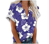 Tee Shirt Femme avec Boutonné Hawaïenne Chemise Col à Revers D'été à Manches Courtes Blouse Imprimé Fleuri Cardigan à Boutons Décontractées Vacances Tops de Plage Chemisier Lâche Respirant