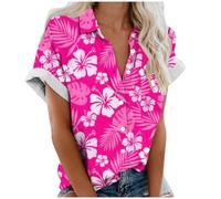 Tee Shirt Femme avec Boutonné Hawaïenne Chemise Col à Revers D'été à Manches Courtes Blouse Imprimé Fleuri Cardigan à Boutons Décontractées Vacances Tops de Plage Chemisier Lâche Respirant