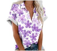 Tee Shirt Femme avec Boutonné Hawaïenne Chemise Col à Revers D'été à Manches Courtes Blouse Imprimé Fleuri Cardigan à Boutons Décontractées Vacances Tops de Plage Chemisier Lâche Respirant