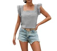 Tee Shirt Femme Camicetta estiva a Quadri Con scollo Quadrato e Orlo arricciato, Casual per Donna (Black, M)