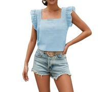 Tee Shirt Femme Camicetta estiva a Quadri Con scollo Quadrato e Orlo arricciato, Casual per Donna (Blue, M)