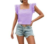 Tee Shirt Femme Camicetta estiva a Quadri Con scollo Quadrato e Orlo arricciato, Casual per Donna (Purple, M)
