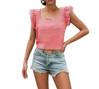 Tee Shirt Femme Camicetta estiva a Quadri Con scollo Quadrato e Orlo arricciato, Casual per Donna (Red, M)