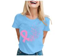 Tee Shirt Femme Cancer du Sein Octobre Rose T-Shirt Col Rond Coton Top Femme Chic Et Élégant Manches Courtes Hauts Grande Taille Tshirt Octobre Rose T-Shirts (2-Sky Blue, M)