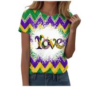 Tee Shirt Femme Carnaval Imprimé Mardi Gras T-Shirt Larges Manches Courtes Col Rond Haut Festif Casual Mode Vêtements pour Célébrations et Festivals