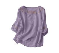 Tee Shirt Femme Col Crew Manche Courte, T-Shirt éTé Fin Brodé, Style RéTro Artistique, Coton Et Lin Respirant, Haut DéContracté Couleur Unie