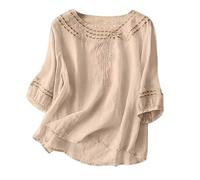 Tee Shirt Femme Col Crew Manche Courte, T-Shirt éTé Fin Brodé, Style RéTro Artistique, Coton Et Lin Respirant, Haut DéContracté Couleur Unie