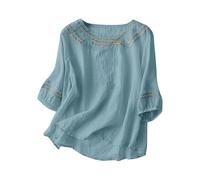 Tee Shirt Femme Col Crew Manche Courte, T-Shirt éTé Fin Brodé, Style RéTro Artistique, Coton Et Lin Respirant, Haut DéContracté Couleur Unie