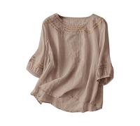 Tee Shirt Femme Col Crew Manche Courte, T-Shirt éTé Fin Brodé, Style RéTro Artistique, Coton Et Lin Respirant, Haut DéContracté Couleur Unie