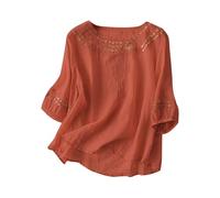 Tee Shirt Femme Col Crew Manche Courte, T-Shirt éTé Fin Brodé, Style RéTro Artistique, Coton Et Lin Respirant, Haut DéContracté Couleur Unie