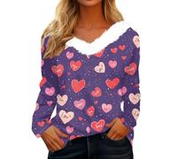 Tee Shirt Femme Col V Chemisiers et Blouses Femme à Col en V Tee Shirt Manche Longue Haut Chic Elegant Imprimé Amour Tunique pour Saint Valentin Vetement Pas Cher Bleu 3XL