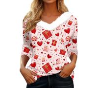 Tee Shirt Femme Col V Chemisiers et Blouses Femme à Col en V Tee Shirt Manche Longue Haut Chic Elegant Imprimé Amour Tunique pour Saint Valentin Vetement Pas Cher Rouge XL