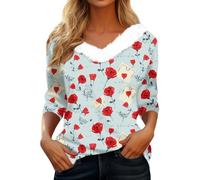 Tee Shirt Femme Col V Chemisiers et Blouses Femme à Col en V Tee Shirt Manche Longue Haut Chic Elegant Imprimé Amour Tunique pour Saint Valentin Vetement Pas Cher Turquoise 3XL