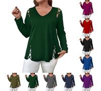 Tee Shirt Femme Col V Chic, Tee Shirt Femme Grande Taille, T-Shirt Manche Longue Tshirt Ajourée Haut Originale Top 2025 Nouveau Vêtements Couleur Unie Loungewear Mi Saison T-Shirt XXXXXL