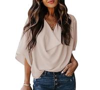 Tee Shirt Femme Col V Chiffon Blouse Femme Manches Evasées Chemisiers et Blouses Femme Décontracté Tunique Loose Haut Elégants Top D'été Chemise de Chic de Couleur Unie(Apricot L)
