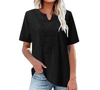 Tee Shirt Femme col v Coton et Lin Grande Taille Chemise Femme Chic et élégant Manche Courte été Blouse brodée Fleurie Femme uni Couleur Haut t Shirt Ample Vintage Vetement Vacances (Black, XXL)