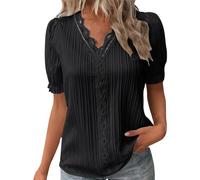 Tee Shirt Femme Col V Dentelle Tunique Femme Grande Taille été Léger Chemise Femme Chic Et élégant Manche Courte Blouse Top Haut Femme Ete Fluide Pas Cher Fashion Soiree (Noir, L)