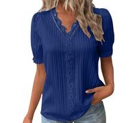 Tee Shirt Femme Col V Dentelle Tunique Femme Grande Taille été Léger Chemise Femme Chic Et élégant Manche Courte Blouse Top Haut Femme Ete Fluide Pas Cher Fashion Soiree (Navy, XL)