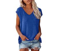 Tee Shirt Femme col v Manche Courte uni Top Haut Femme ete Fluide Ample Debardeur Mancheron Sport Femme Leger Causal t Shirt Femme Vintage Basic Pas Cher (Blue, XL)