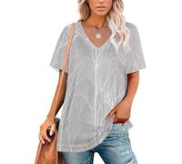Tee Shirt Femme Col V Style Silhouette Minimaliste T-Shirt Manches Courtes Succursales Haut Léger Ample Été Décontracté Basique Top, Gris Clair