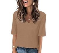 Tee Shirt Femme Col V T-Shirts Sport Yoga Fitness Manches Courtes Top D’entraînement Port Quotidien Chemisiers et Blouses Femme Coupe Ample pour Tenues Quotidiennes Tops Grande Taille Couleur Unie