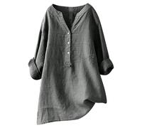 Tee Shirt Femme Coton Chemise Ample en Lin uni pour Femme, Haut à Manches Longues et col Mandarin boutonné Tee Shirt Long Rose Basique Hauts Coupe Classique Ample Blouses Léger T-Shirts