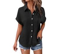 Tee Shirt Femme Coton Chemise Lin Tunique Chic Et Élégant Chemisier Manche Courte Haut Surchemise en Top Ete Vêtements Grandes Tailles pour Femmes Rondes Col V Blouse Longue Teeshirt,1-Le Noir,M