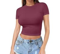 Tee Shirt Femme Coton Col Rond Taille L, T-Shirts Manches Courtes Plus Size T Shirt Spandex Tshirt Stretch Teeshirt Moulant Summer Top Respirant Haut Couleur Unie Hauts Simple Court Ventre Tops